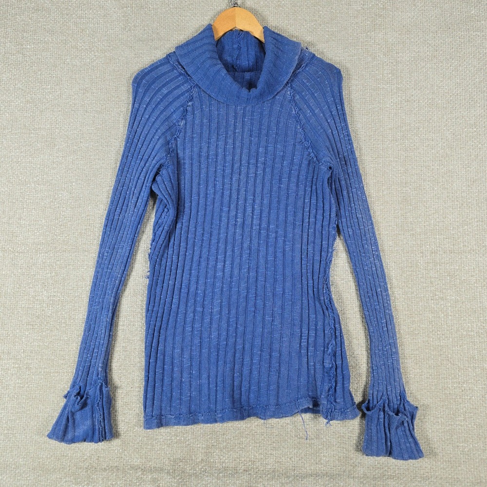 We The Free Free People Blue Ribbed Cowl Neck Top Ruffle Cuff Raw Seam Large